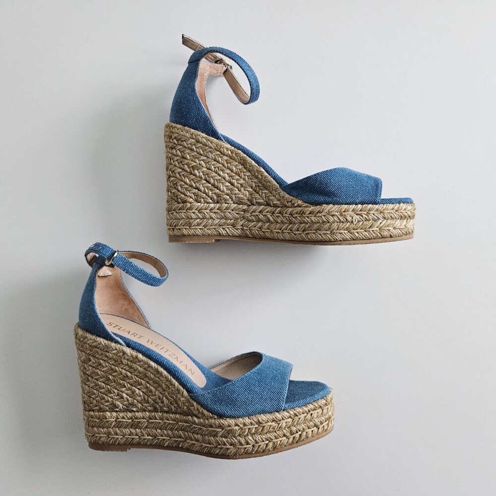 Stuart Weitzman Denim Espadrille Wedge Sandals – Size 7 / EU 37.5 – NWOT - Picture 8 of 14